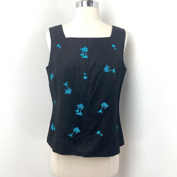 Vtg Annie Alexander Black Linen Blend Embroidered Top 10 Palm Trees Resort Beach - Picture 1 of 8
